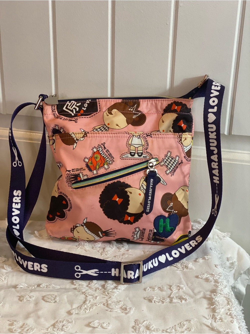 Harajuku Lovers Pink Character Print Crossbody with Navy Strap